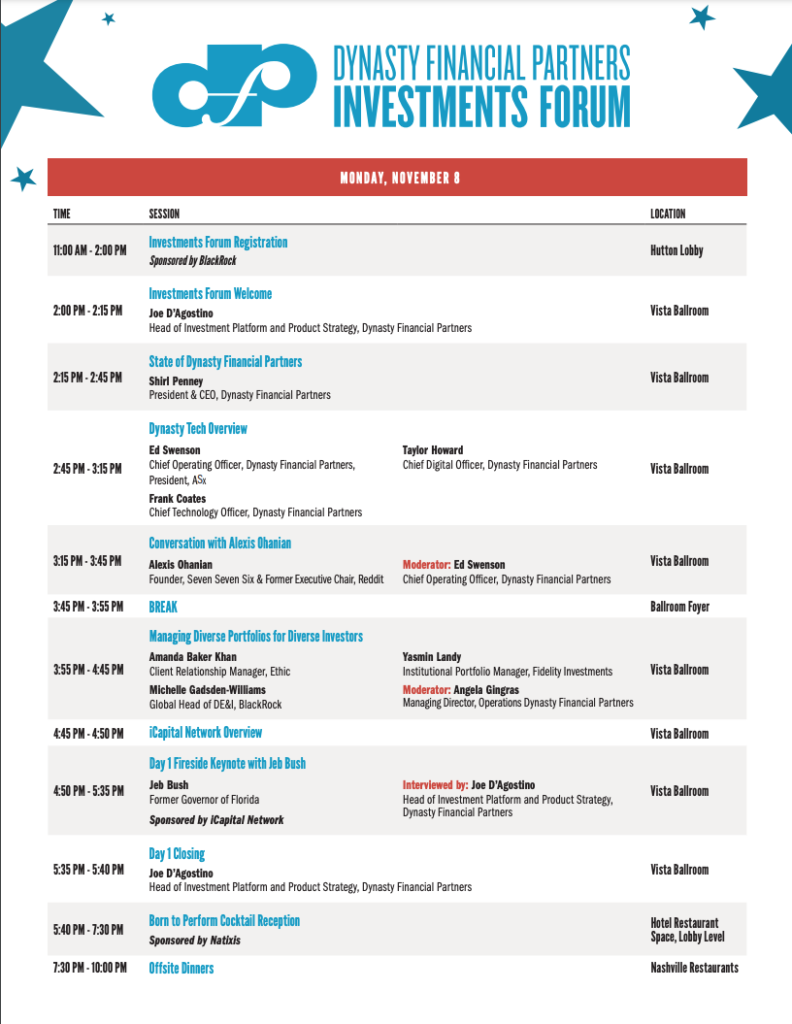 2021 Dynasty Financial Partners Investments Forum Schedule of Events