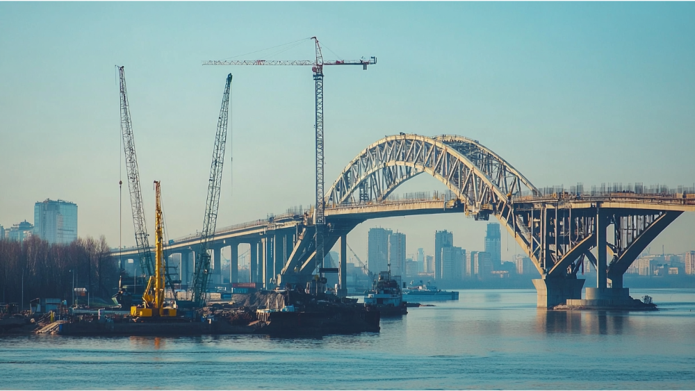 Large steel bridge under construction over a river, with cranes, barges, and a city skyline in the background.