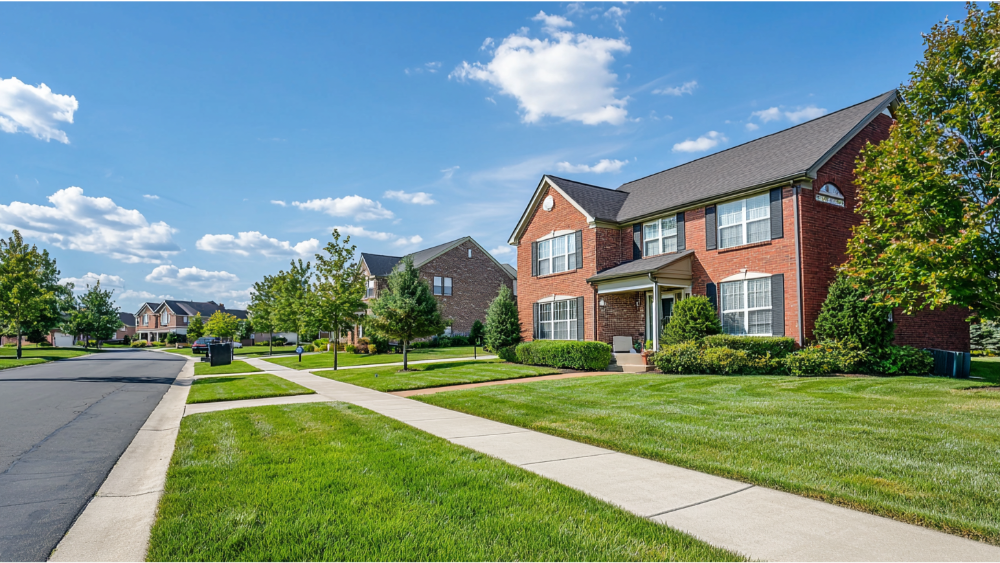 Sunny suburban street with well-maintained lawns, sidewalks, and rows of brick and stone two-story houses.
