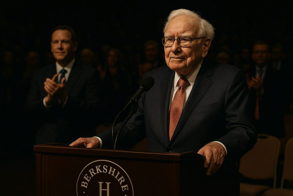 Warrem Buffett standing and talking at a podium