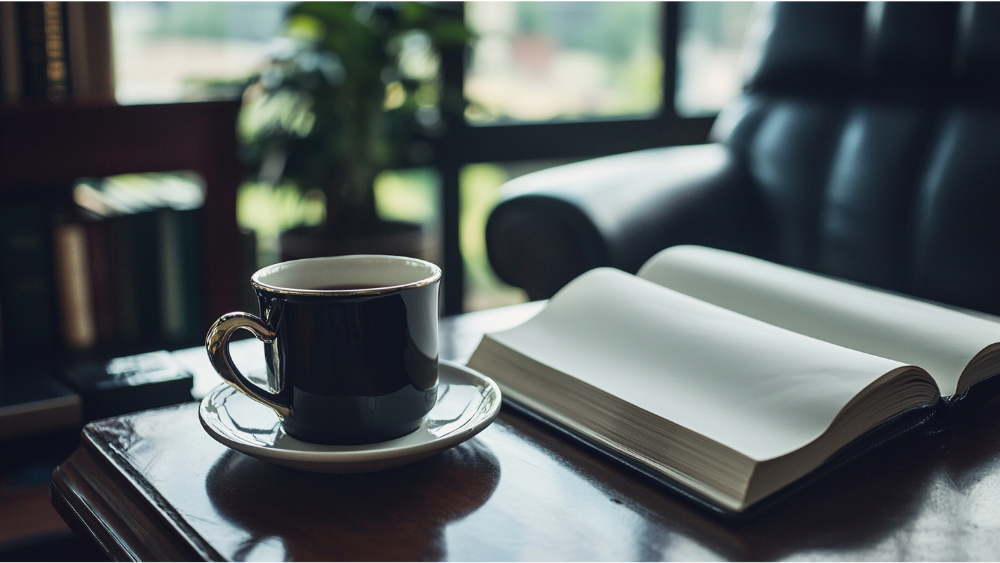 A cup of coffee and an empty book