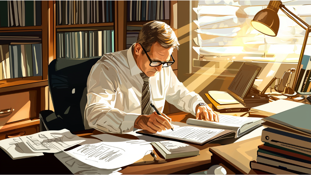 A wealth manager working at his desk