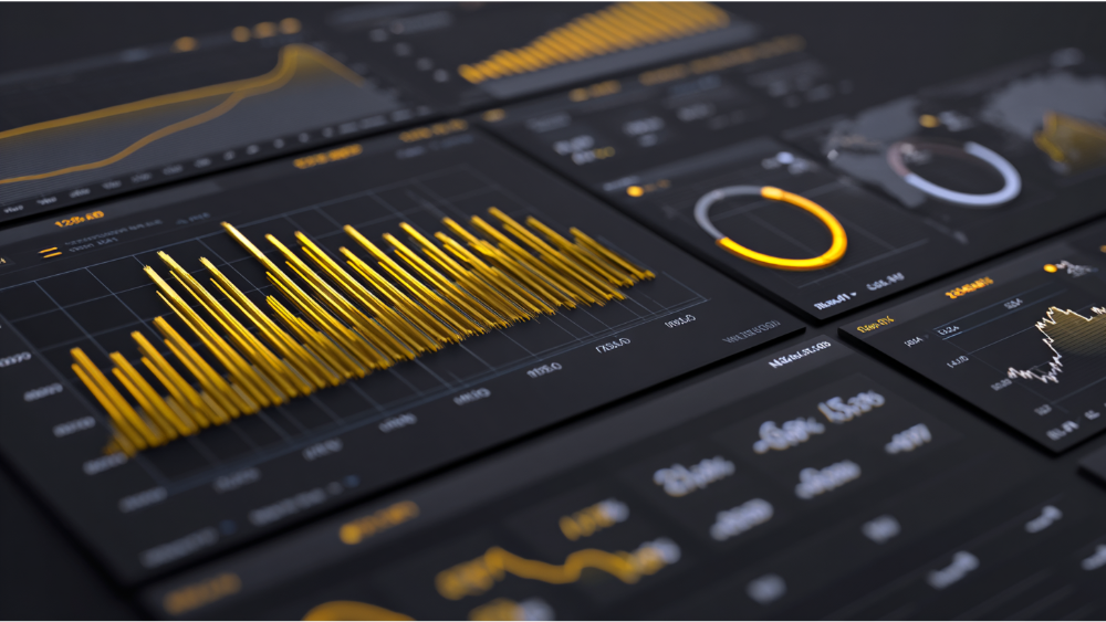 3D-rendered financial dashboard showing yellow and white graphs and charts, representing market trends and investment performance tracking.