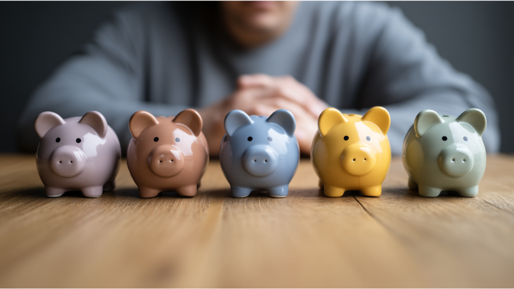 Row of five colorful piggy banks on a wooden table with a person in the background, symbolizing diversified savings or retirement accounts.