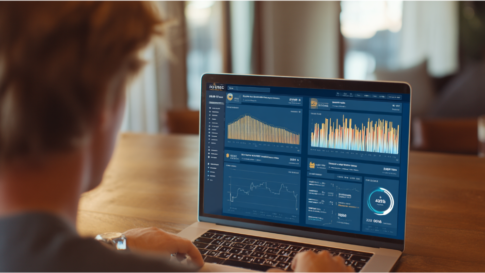 A person viewing financial dashboards and investment graphs on a laptop screen, representing retirement account monitoring.