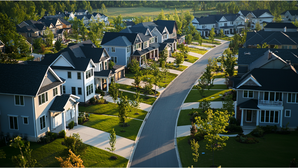 Aerial view of a curved suburban street lined with two-story homes, manicured lawns, and young trees in a residential community.