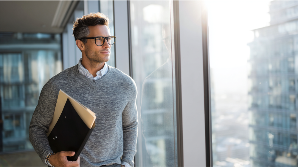 Businessman in casual attire holding folders and gazing out a large office window with city views in the background