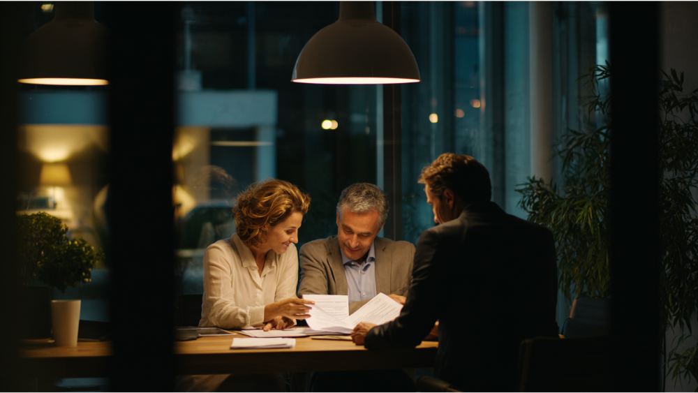 Mature couple reviewing paperwork with a financial advisor at a modern office desk in evening lighting