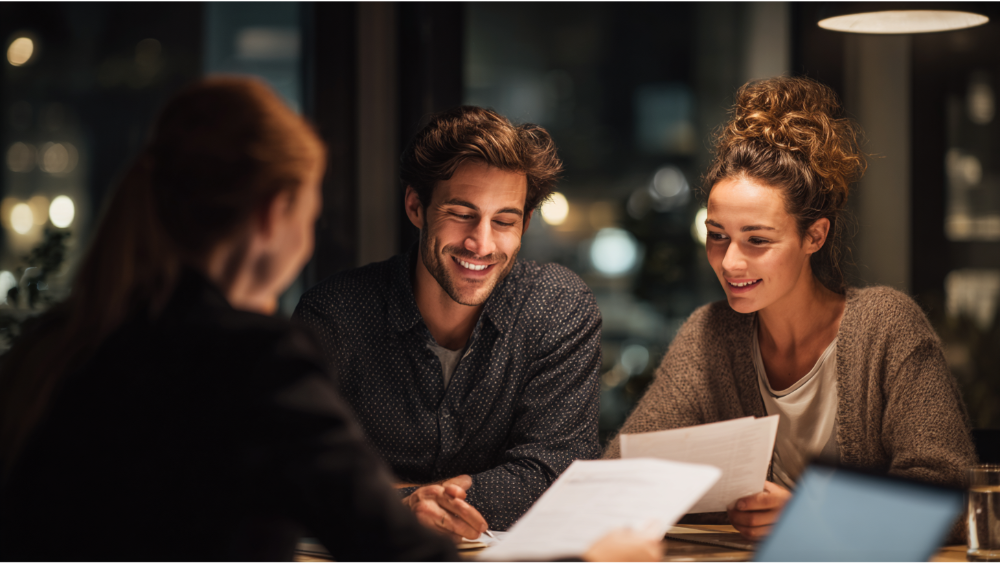 Smiling young couple discussing paperwork with an advisor in a warmly lit office at night.