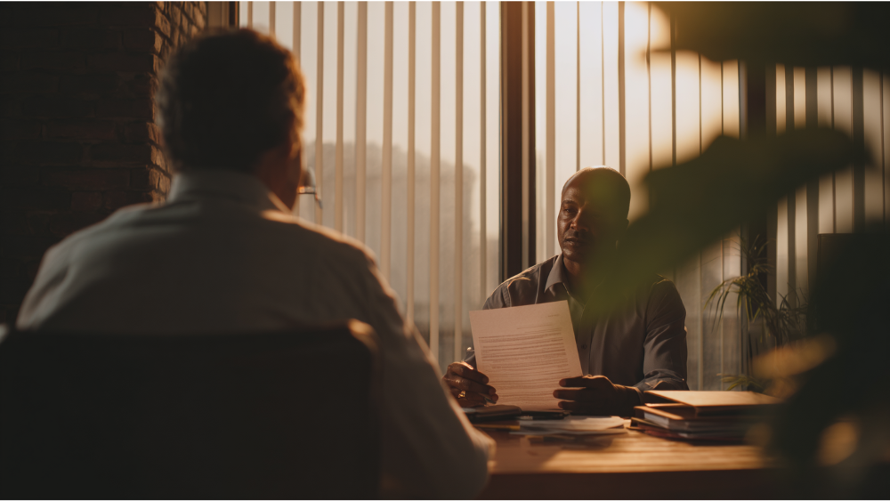 Man reading paperwork across a desk from another person in a warmly lit office with blinds and shadows
