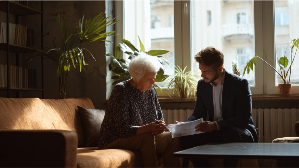 Young man in a suit assisting an older woman with paperwork in a cozy room filled with plants and bookshelves