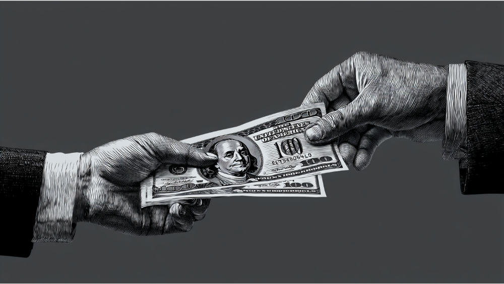 Black-and-white sketch-style image of one hand handing money to another, symbolizing financial exchange or investment.