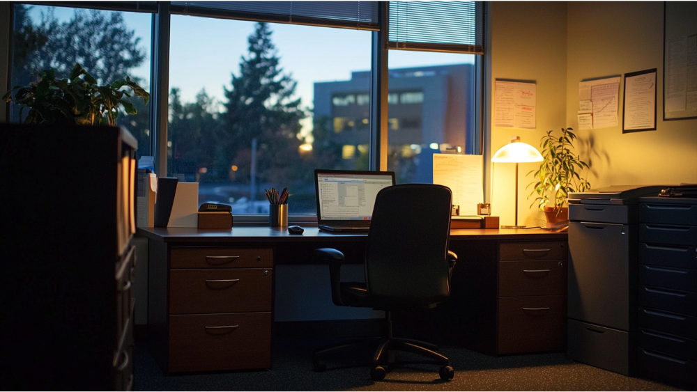 Warmly lit home or professional office at dusk with a desk, laptop, documents, and potted plants, evoking a calm and productive workspace.
