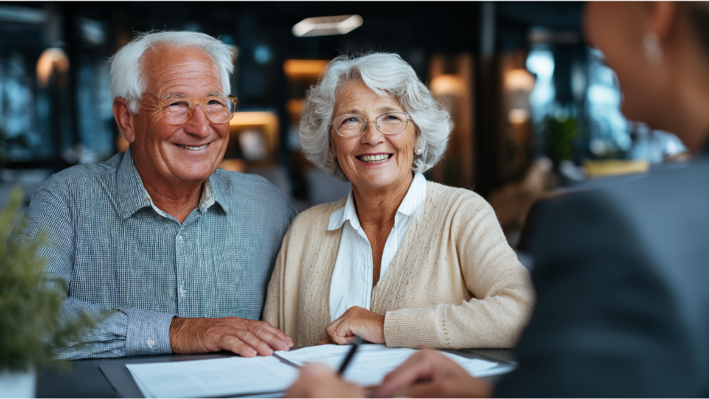 Smiling senior couple meeting with a financial or legal advisor across a desk