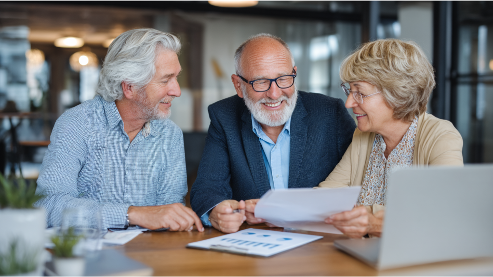 Financial advisor meeting with a retired couple to review investment plans and retirement income strategies in a modern office setting.