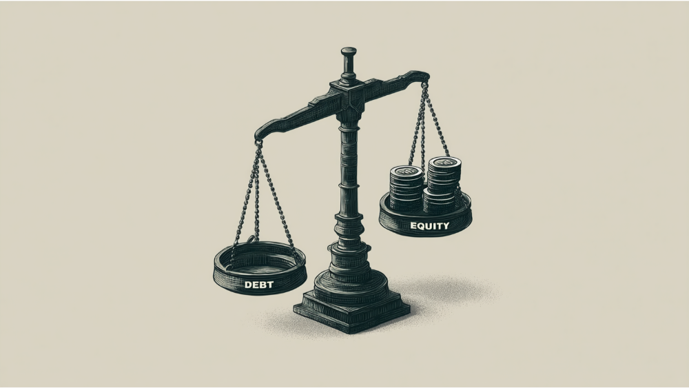 Illustration of a traditional balance scale with the word “Debt” on one side and “Equity” on the other, symbolizing financial leverage.