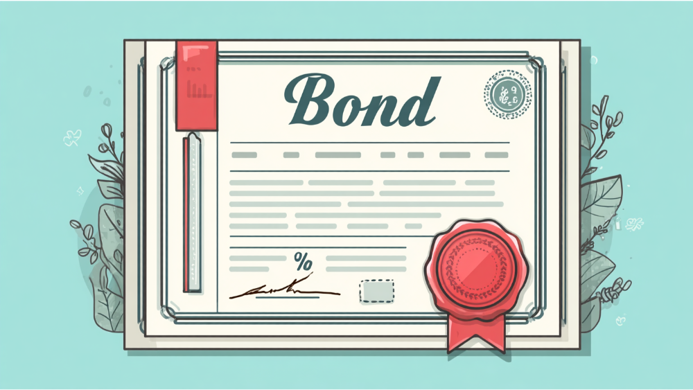 Illustrated financial bond certificate with decorative borders, a red seal, and interest percentage graphics, symbolizing fixed-income investing.