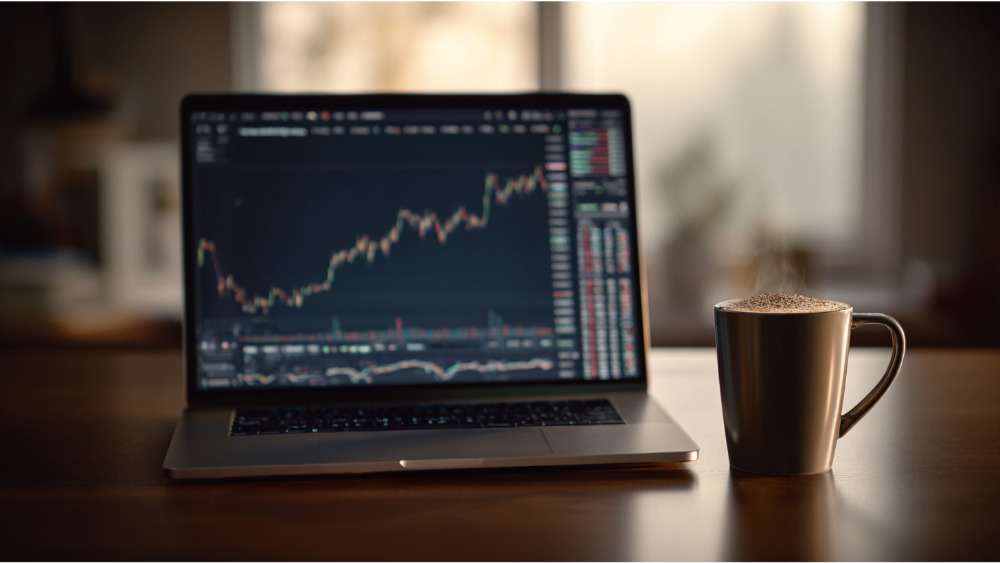 Laptop displaying stock market charts next to a steaming coffee mug on a wooden desk
