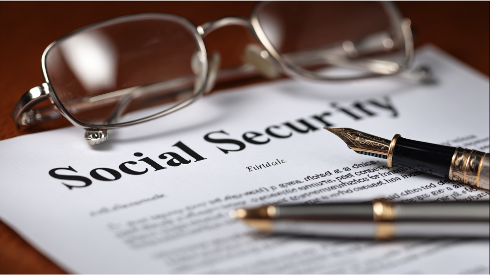 Social Security paperwork on a desk with reading glasses and a fountain pen placed on top