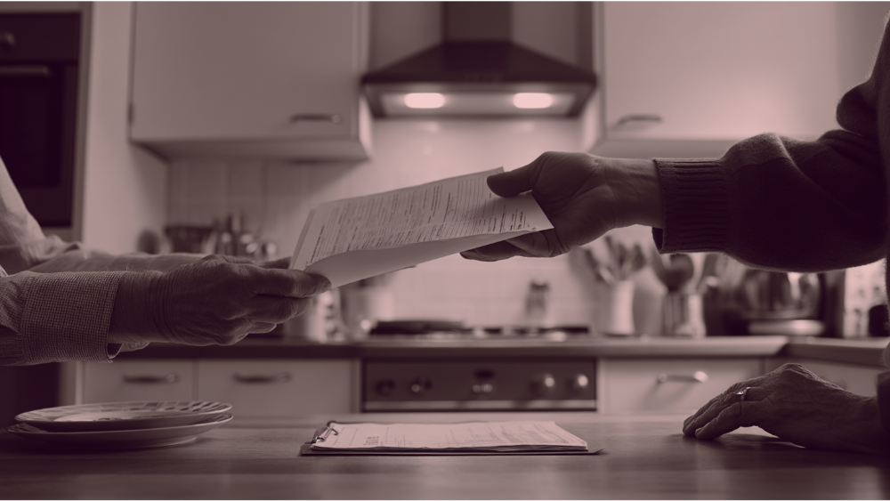 Close-up of two people exchanging paperwork over a kitchen counter with a clipboard in the foreground