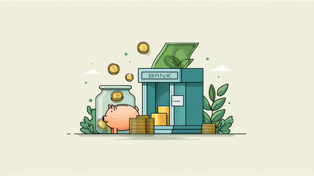 Minimalist illustration of a piggy bank, glass jar, and bank building surrounded by coins, representing monthly savings and retirement income.
