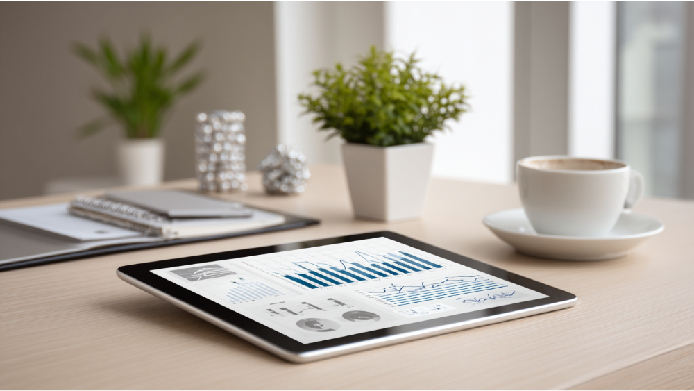 Digital tablet with financial charts on a minimalist office desk with coffee and plants