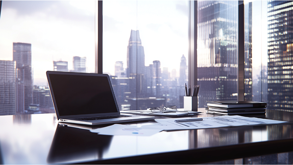 Corporate office desk with a laptop, documents, and glasses, overlooking a city skyline through large glass windows.