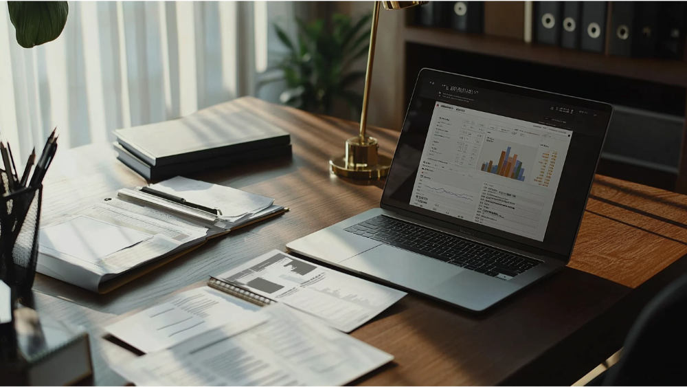 Modern office desk with a laptop displaying financial charts and documents, surrounded by paperwork, books, and a gold desk lamp.