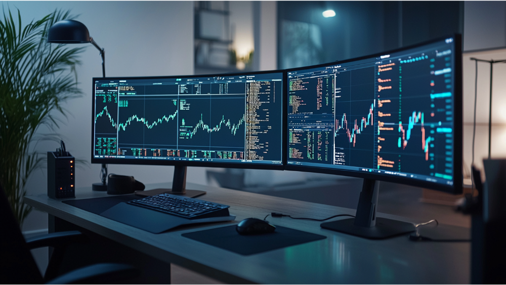 Modern trading desk with dual curved monitors displaying stock charts and financial data, in a dimly lit office setup.
