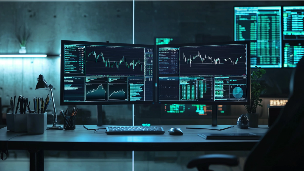 Modern trading workstation with two monitors displaying complex financial charts and market data in a dimly lit office environment.