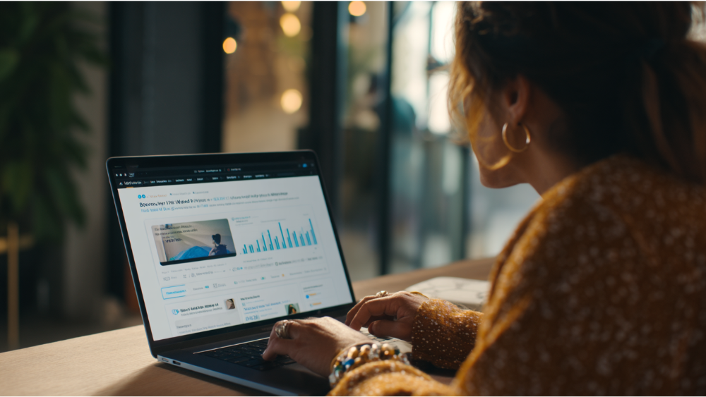 Woman using a laptop to view financial analytics and investment graphs on a website, suggesting research or education on finance topics.