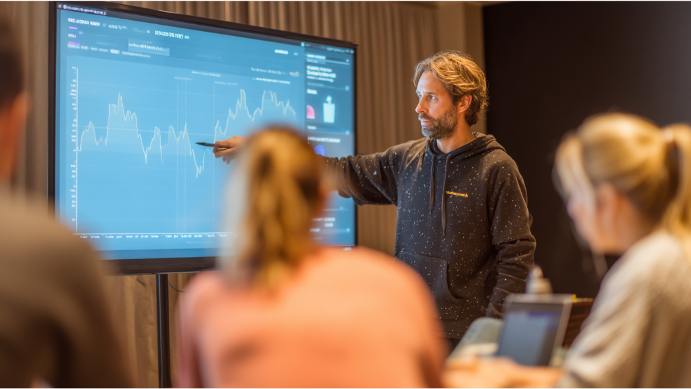 Man giving a presentation to a small group, pointing at a large digital screen displaying a financial or stock market chart.