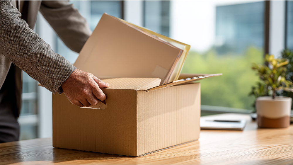 Close-up of a person in business attire packing documents into a cardboard box on a wooden desk