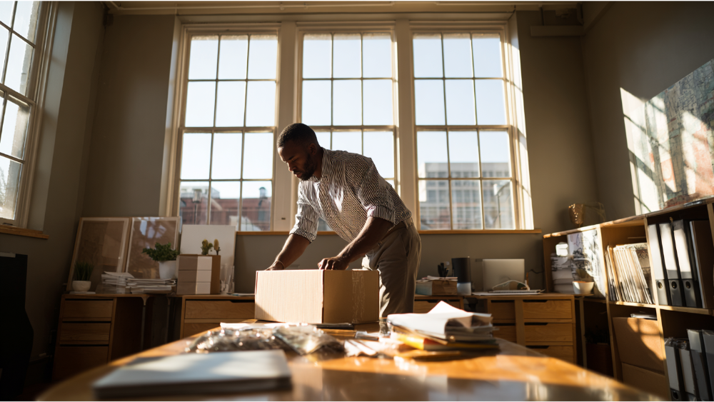 Professional man organizing items into a cardboard box in a bright office with large windows