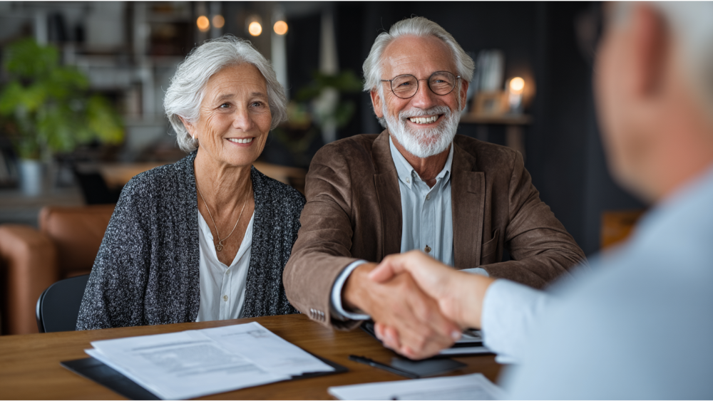 Elderly couple smiling across a desk while shaking hands with a financial advisor after reviewing paperwork