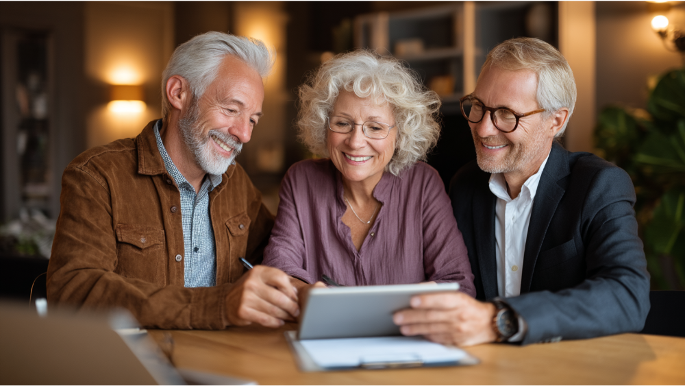 Two seniors meeting with a financial advisor, all smiling while reviewing information on a tablet