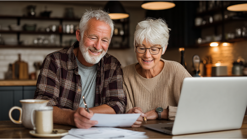 Smiling senior couple sitting in their kitchen, reviewing documents and using a laptop to manage their retirement income.