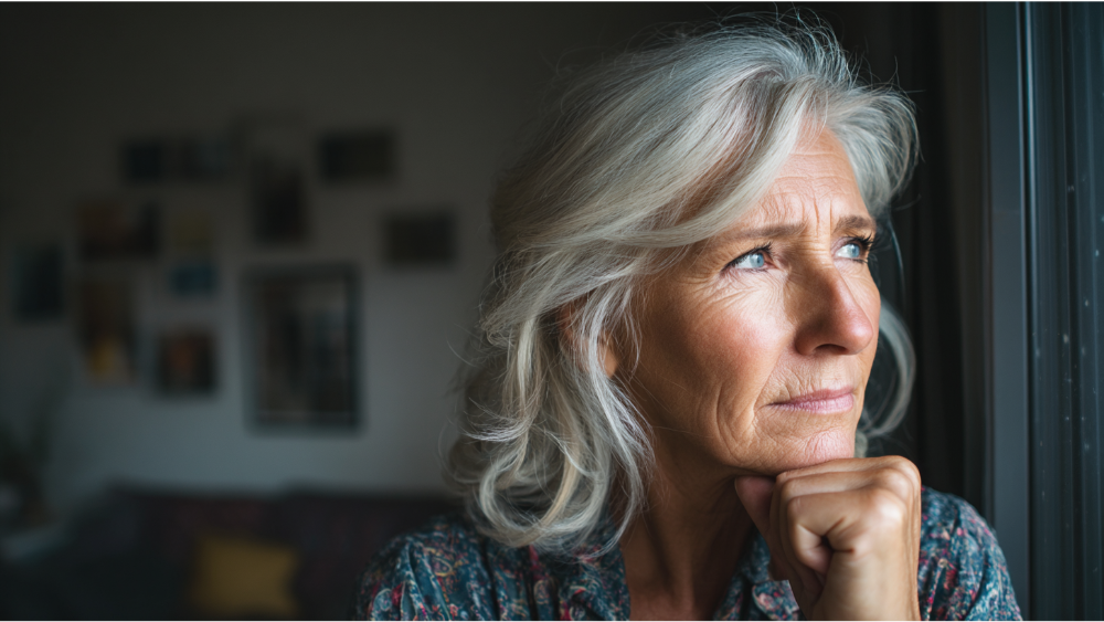 Senior woman with gray hair gazing out of a window, resting her chin on her hand in a contemplative mood