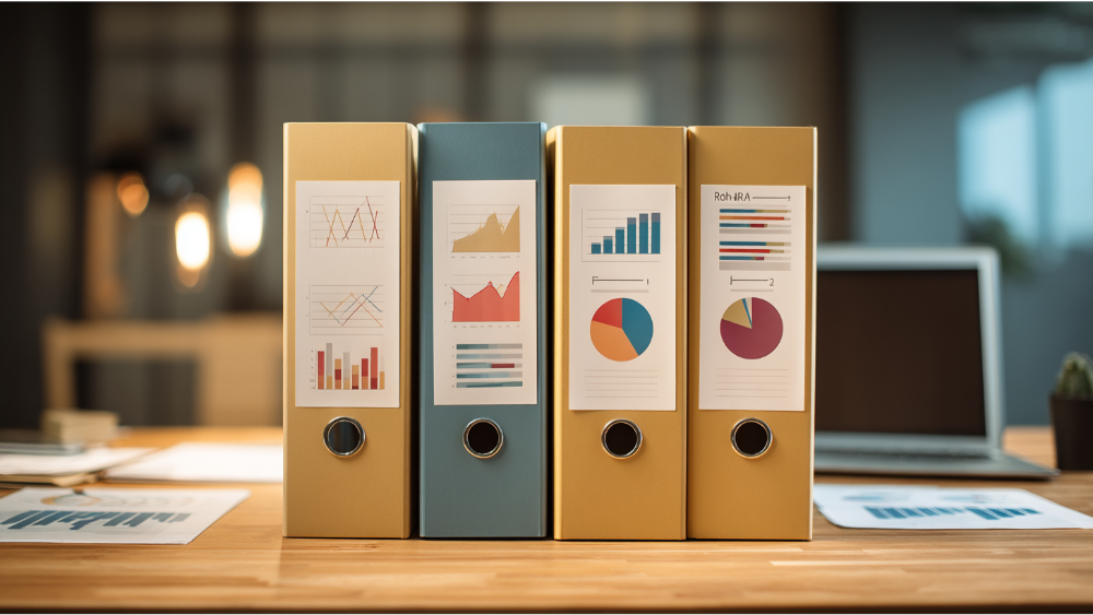 Four standing document binders with financial graphs and charts on the labels, including one marked Roth IRA, symbolizing investment tracking.