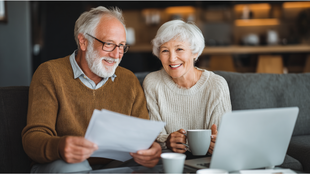 Elderly couple sitting on a sofa, smiling while reviewing documents with a laptop and coffee mugs