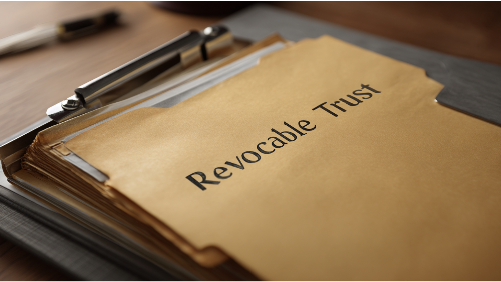 Close-up of a manila folder titled ‘Revocable Trust’ on a clipboard with a pen in the background