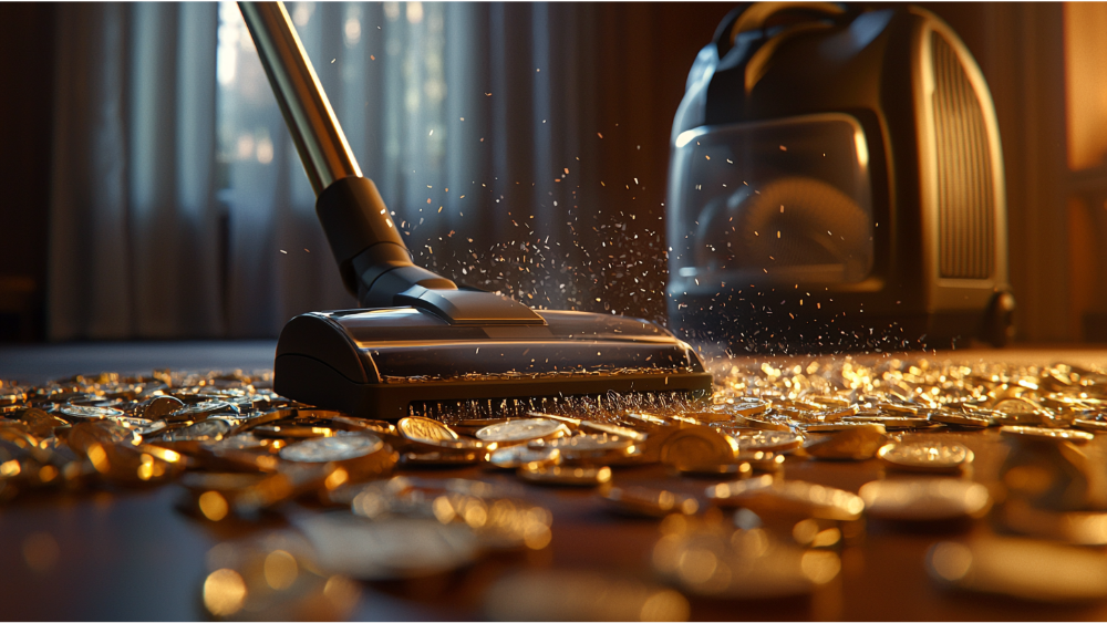 Vacuum cleaner head sucking up gold coins scattered on a hardwood floor, symbolizing financial loss or expenses.