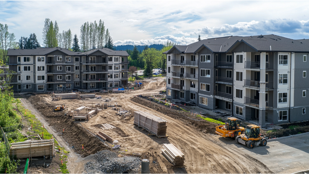 Aerial view of a construction site for multi-story apartment buildings, with heavy equipment and building materials scattered across the dirt lot.