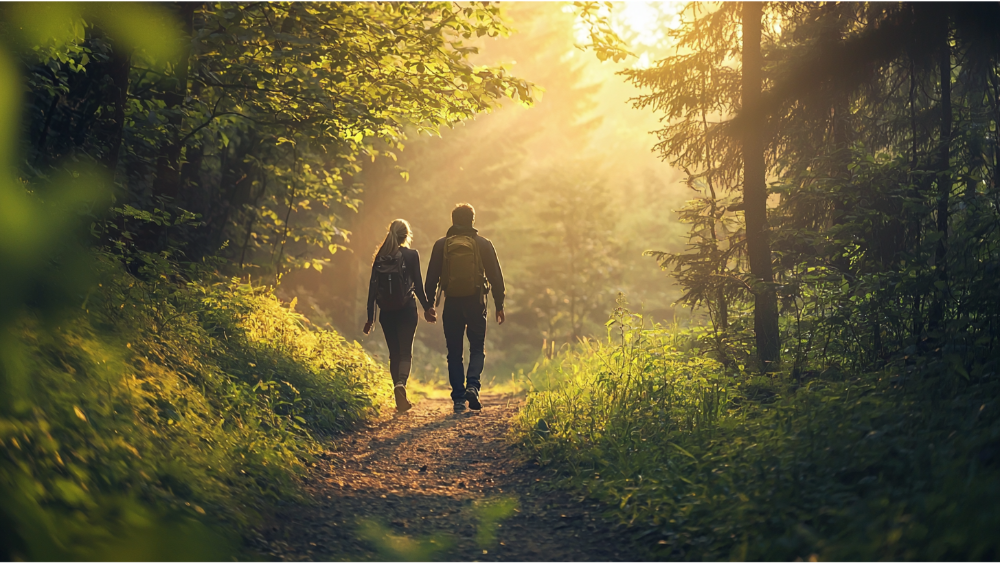 Couple holding hands while hiking along a wooded trail, surrounded by morning light filtering through the trees.