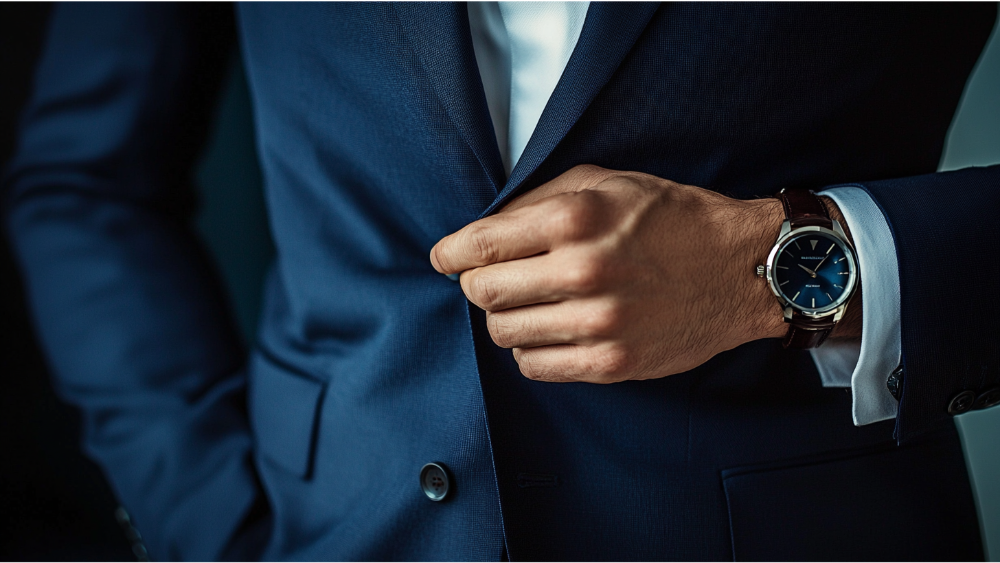 Close-up of a man in a navy blue suit buttoning his jacket, wearing a wristwatch, symbolizing professionalism or executive presence.