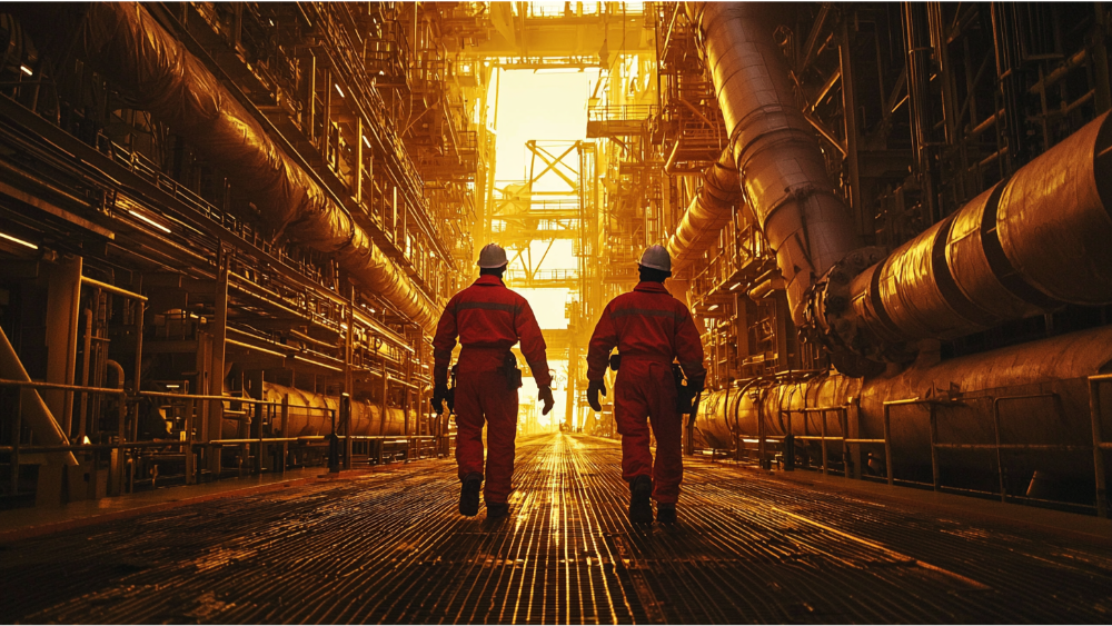 Two workers in red protective gear walking through a large industrial refinery facility during golden hour lighting.