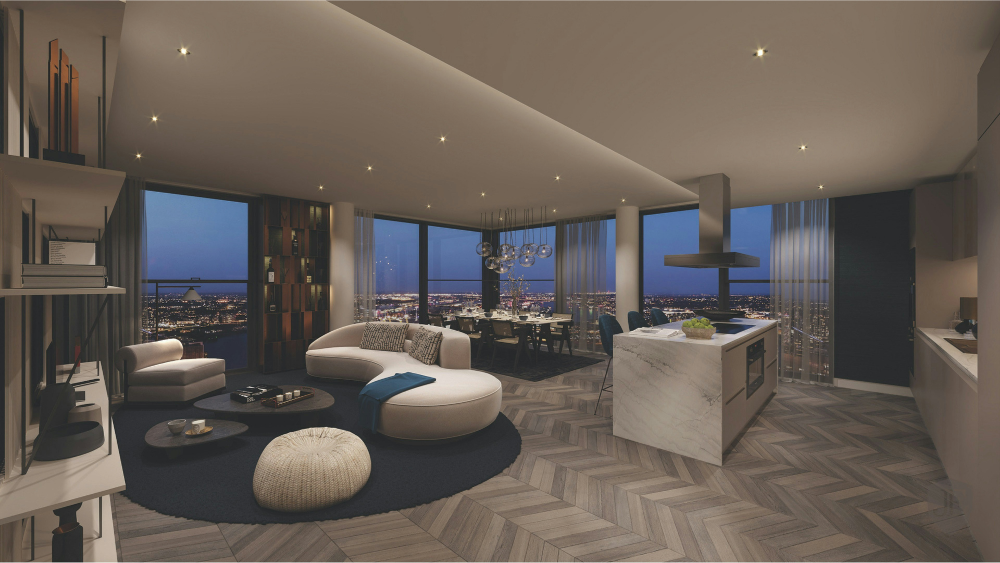 Luxurious open-concept apartment with modern furniture and panoramic nighttime city views