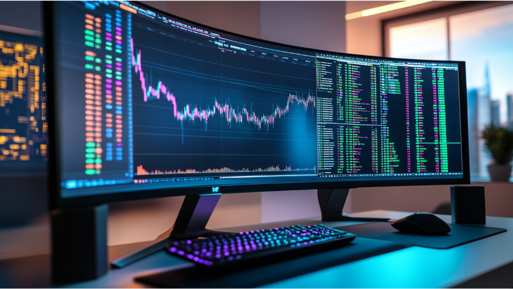 Curved widescreen monitor displaying financial charts and stock data in a modern trading setup with RGB-lit keyboard.