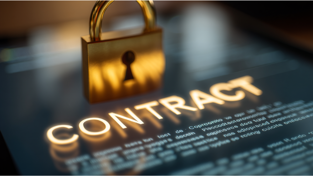 Close-up of a digital document displaying the word "contract" with a gold padlock symbolizing security and agreement.