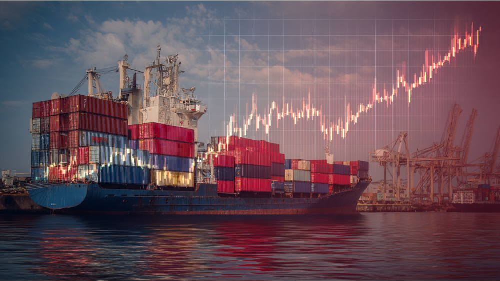 Cargo ship loaded with colorful shipping containers docked at a busy port, with a rising graph overlay representing global trade or economic trends.